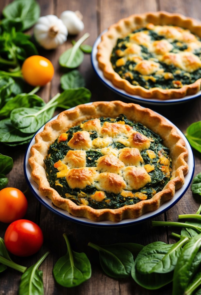 A golden-brown savory spinach pie surrounded by fresh spinach leaves and other colorful vegetables on a rustic wooden table