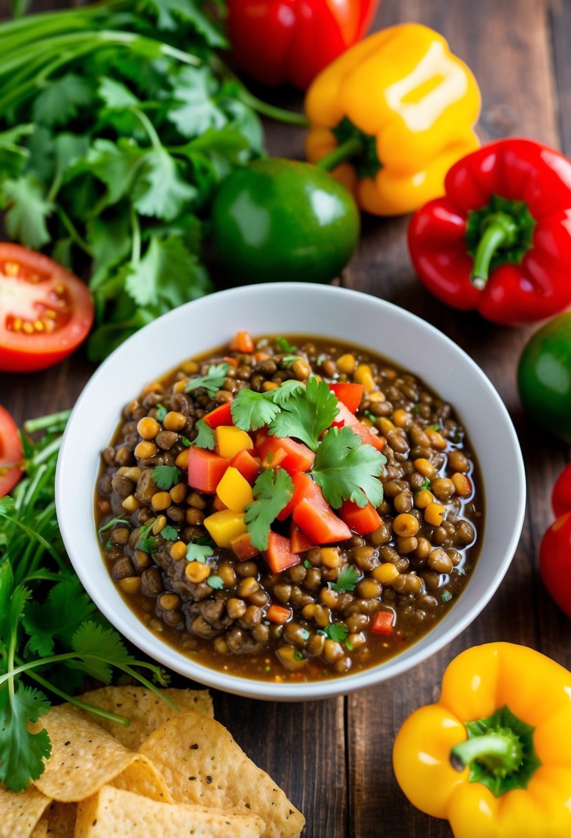 A vibrant bowl of Mexican Lentil Salsa surrounded by fresh cilantro, diced tomatoes, and colorful bell peppers on a wooden table