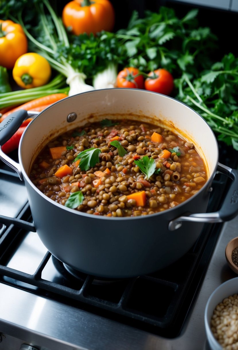 A pot of lentil Bolognese simmers on a stovetop, surrounded by fresh vegetables and herbs