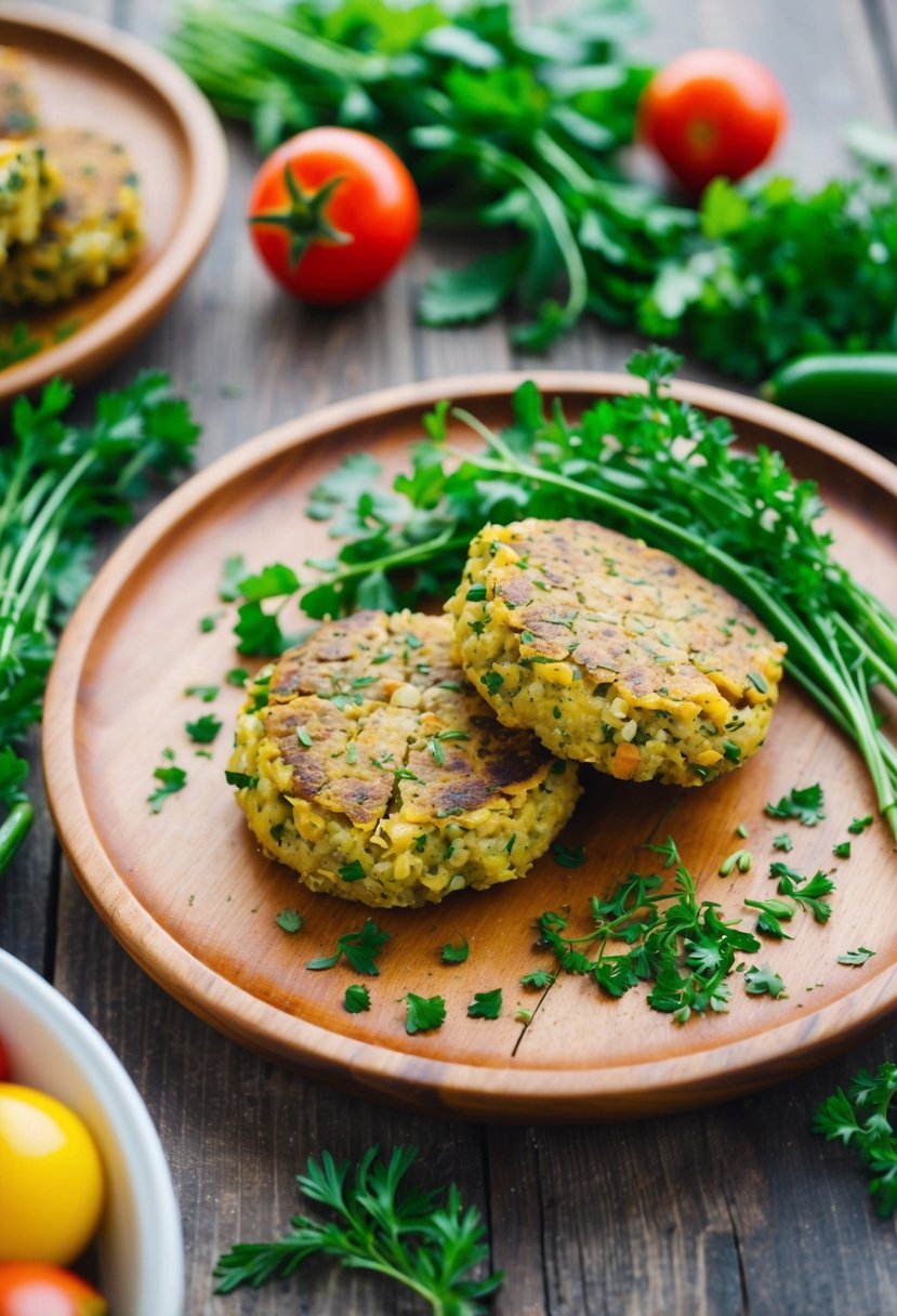 A wooden table set with herbed lentil patties, surrounded by fresh herbs and summer vegetables