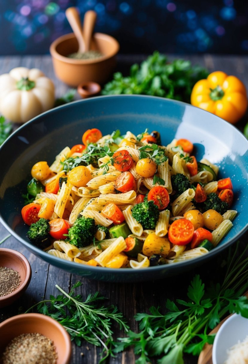 A colorful array of roasted vegetables mixed with pasta in a large bowl, surrounded by fresh herbs and spices