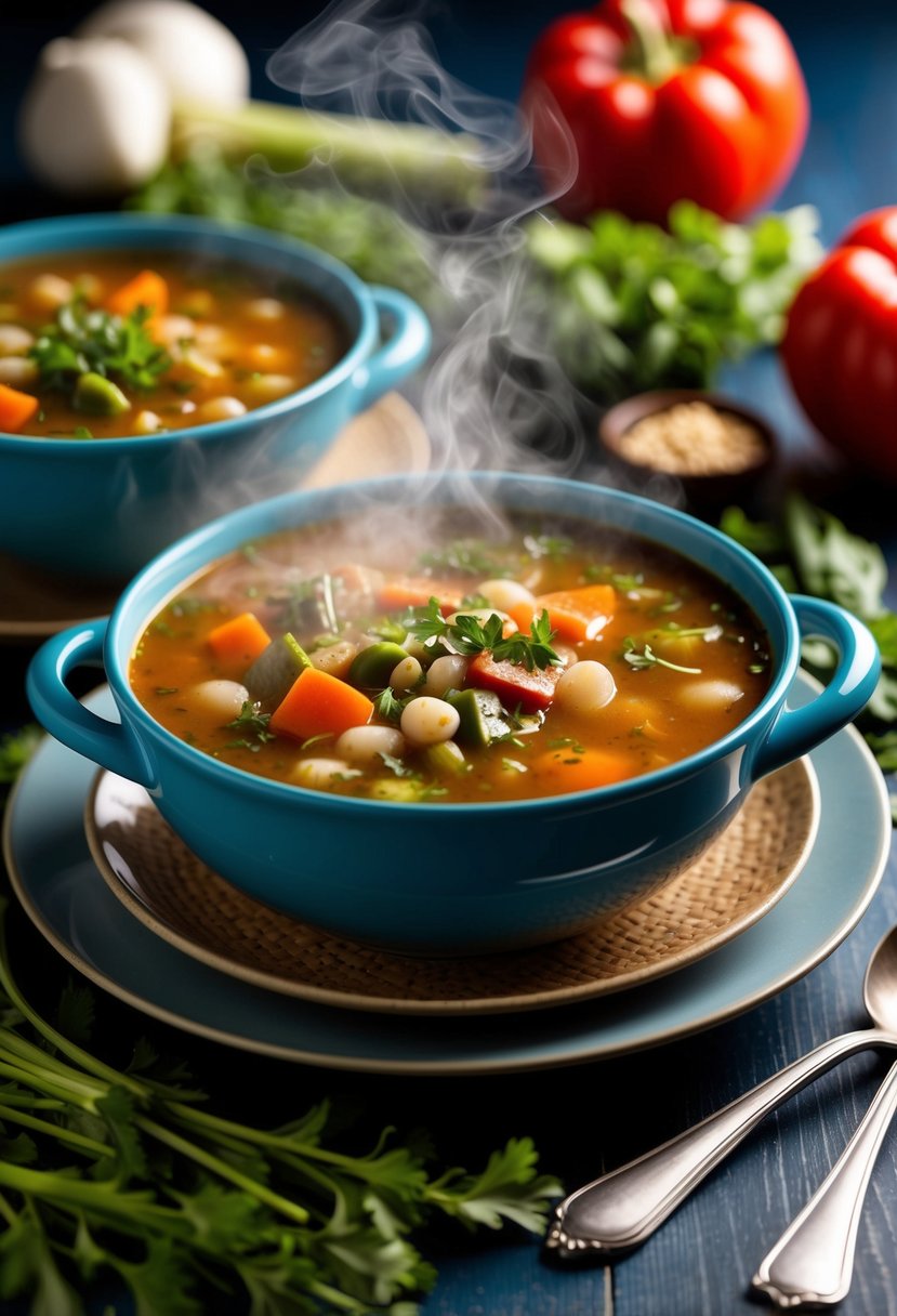 A steaming bowl of minestrone soup surrounded by fresh vegetables and herbs