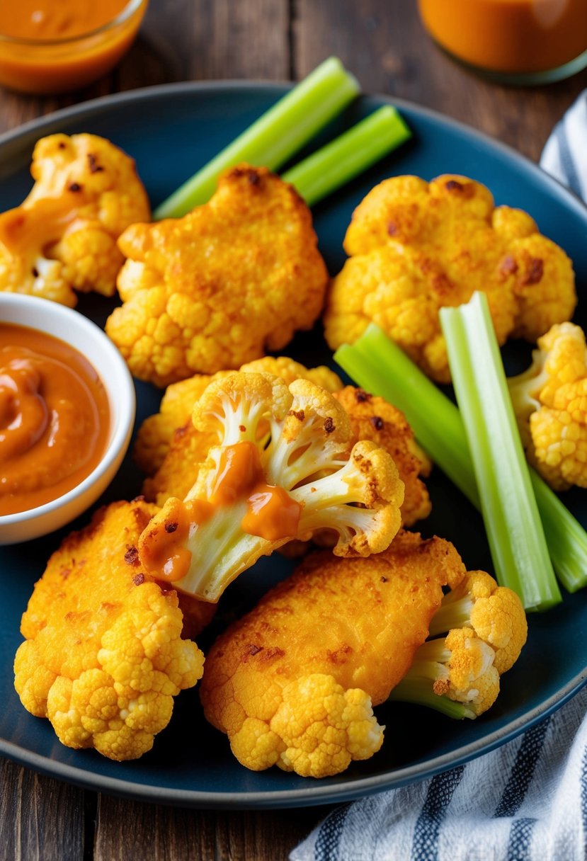 A plate of golden-brown cauliflower buffalo wings surrounded by dipping sauce and celery sticks