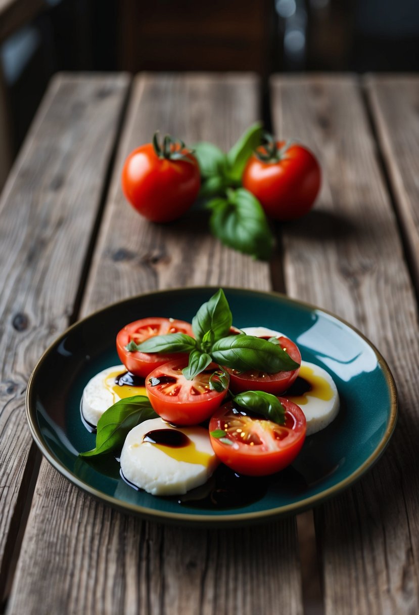 A wooden table with a plate of Caprese Salad, fresh tomatoes, mozzarella, basil, olive oil, and balsamic vinegar