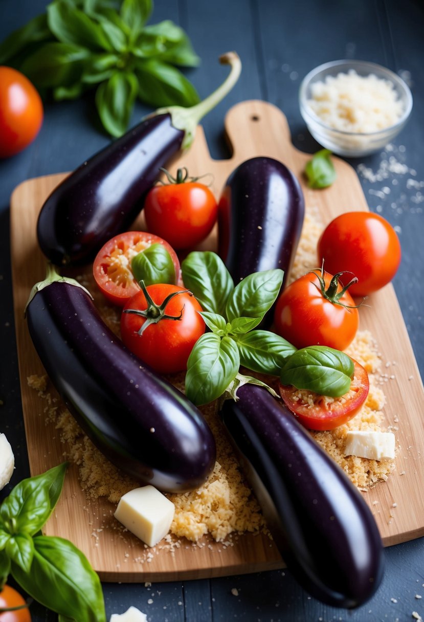 A colorful array of fresh eggplants, tomatoes, and basil on a wooden cutting board, surrounded by breadcrumbs and mozzarella cheese