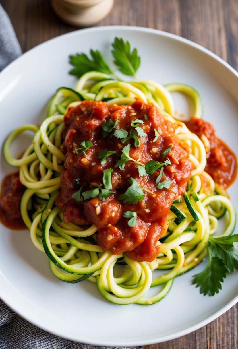 A plate of zucchini noodles topped with marinara sauce and fresh herbs