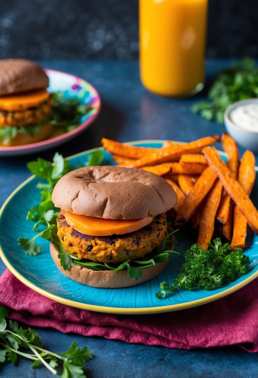 A colorful plate with a sweet potato black bean burger, surrounded by fresh vegetables and herbs, with a side of crispy sweet potato fries