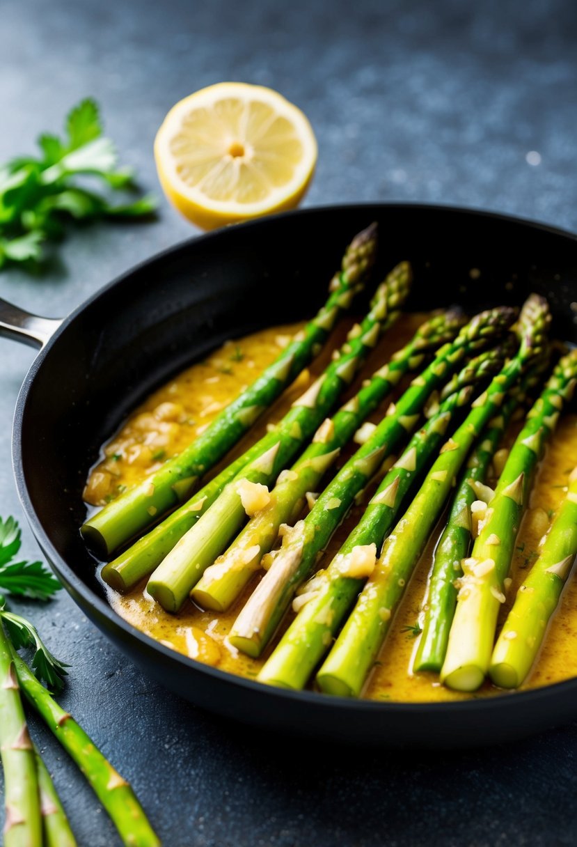 Fresh asparagus spears tossed in lemon garlic sauce, sizzling in a hot skillet