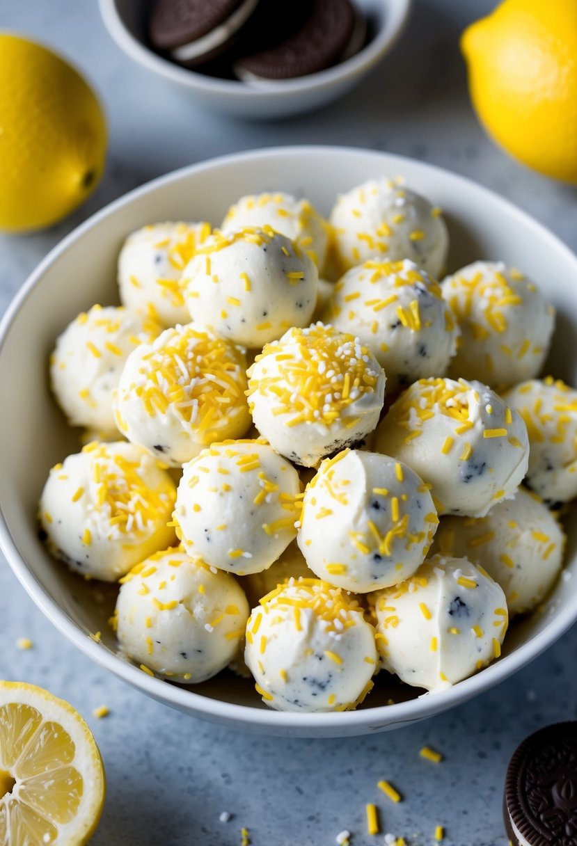 A bowl of crushed lemon Oreos mixed with cream cheese, shaped into balls and coated in yellow sprinkles