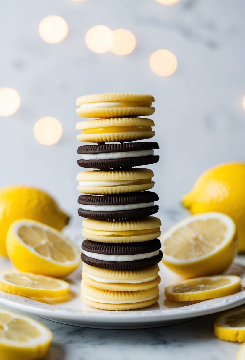 A stack of Classic Lemon Oreos surrounded by fresh lemons and lemon slices on a white plate