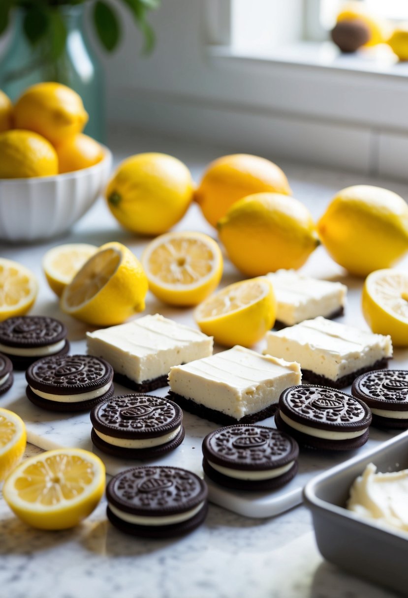 A colorful array of lemon Oreos, cream cheese, and fresh lemons set on a kitchen counter, ready to be transformed into delicious cheesecake bars