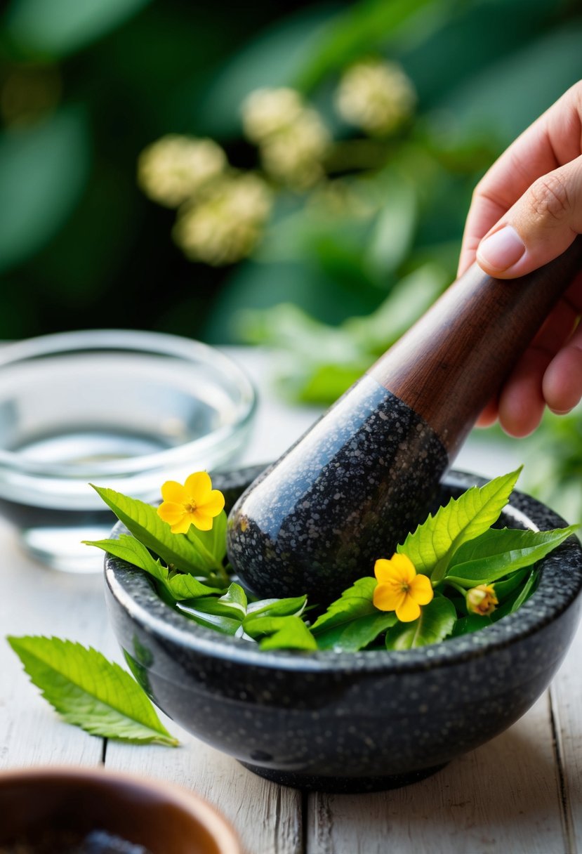 A mortar and pestle grinding soapwort leaves and flowers with a bowl of water nearby