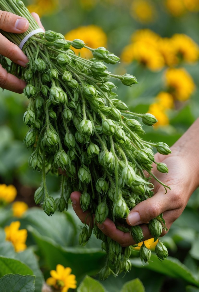 A bundle of soapwort plants being harvested and prepared for shampoo soapwort recipes