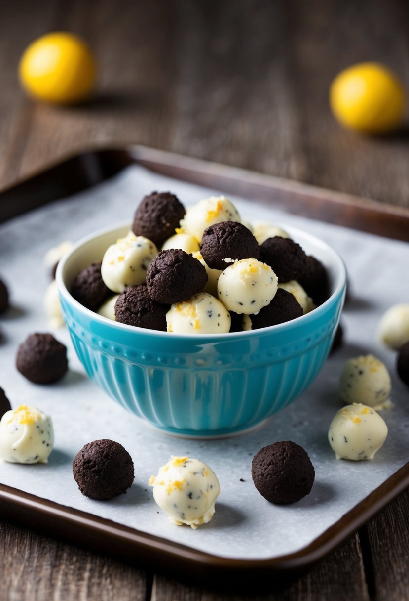 A bowl of crushed lemon Oreo cookies mixed with cream cheese, rolled into small truffle balls and placed on a lined baking sheet