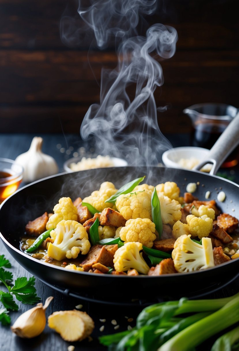 A sizzling pan of stir-fried pork and cauliflower, steam rising, surrounded by fresh ingredients like garlic, ginger, and soy sauce