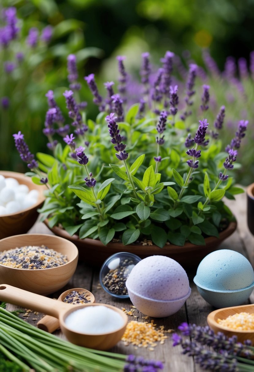 A lush garden with soapwort and lavender plants, surrounded by a collection of ingredients and tools for making bath bombs