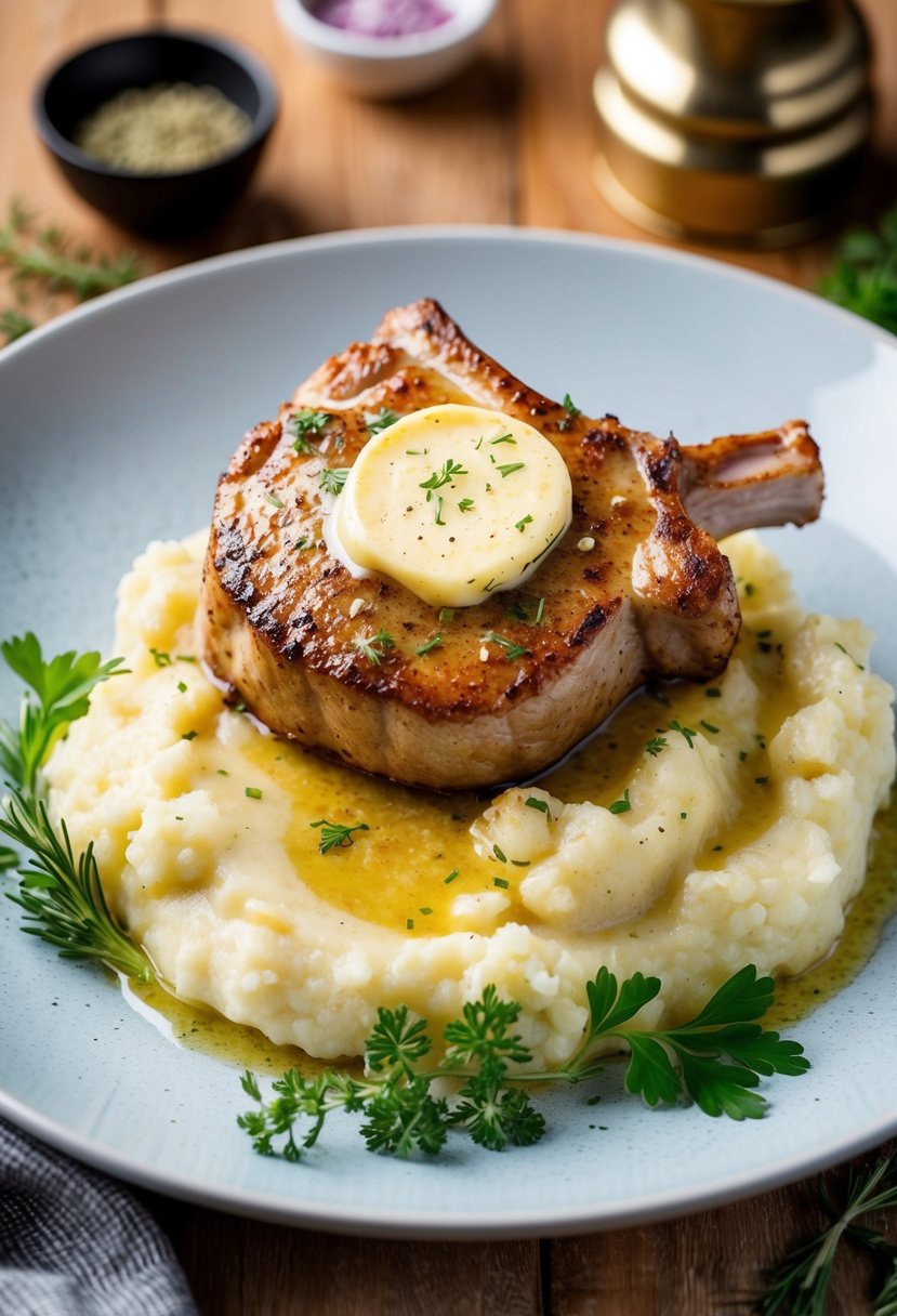 A sizzling pork chop smothered in garlic butter sits atop a creamy bed of cauliflower mash, surrounded by fresh herbs and spices