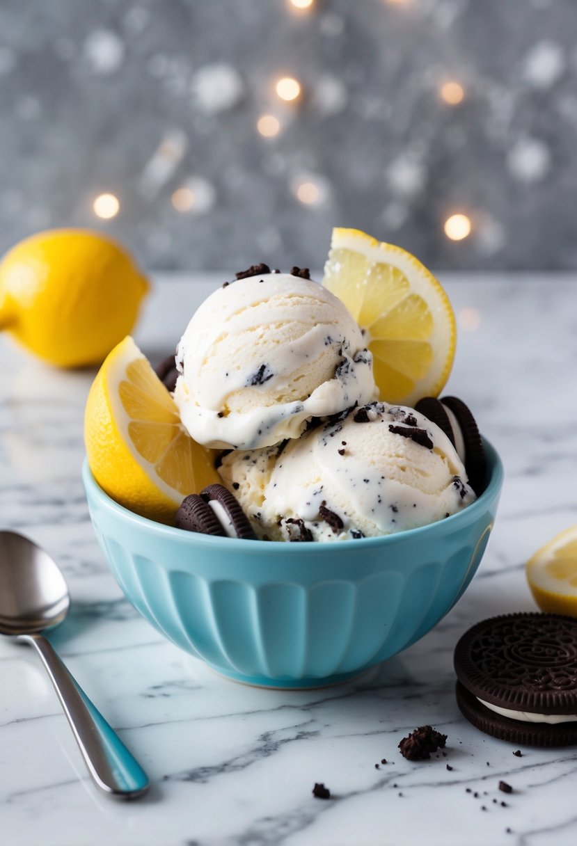 A bowl of lemon oreo ice cream with crushed cookies and lemon wedges on a marble countertop