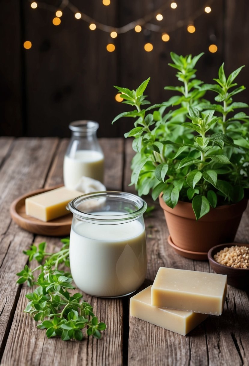 A rustic wooden table with soapwort plants, goat milk, and soap bars