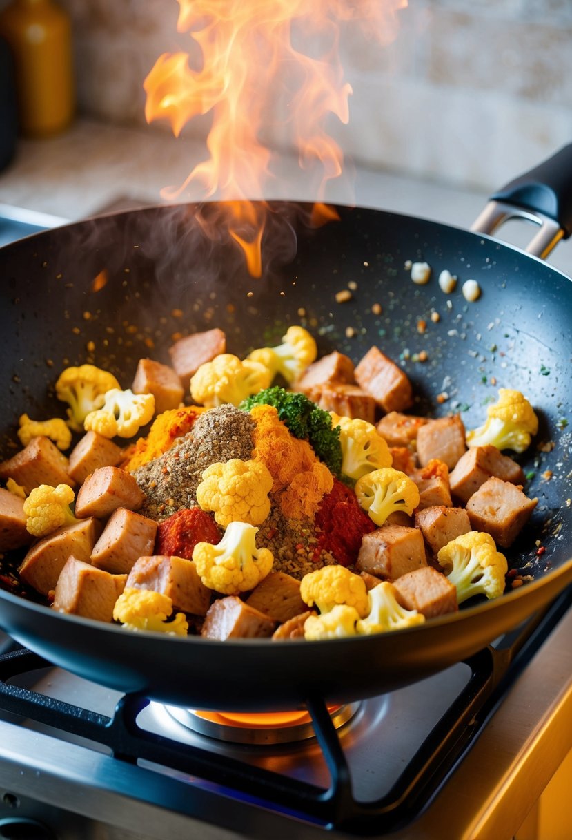 A sizzling wok filled with chunks of pork, vibrant cauliflower florets, and a medley of colorful spices being tossed together over a fiery stove