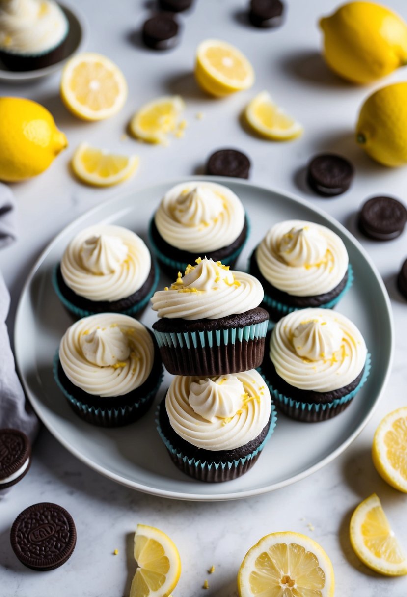 A plate of lemon Oreo cupcakes surrounded by scattered lemon Oreos and ingredients