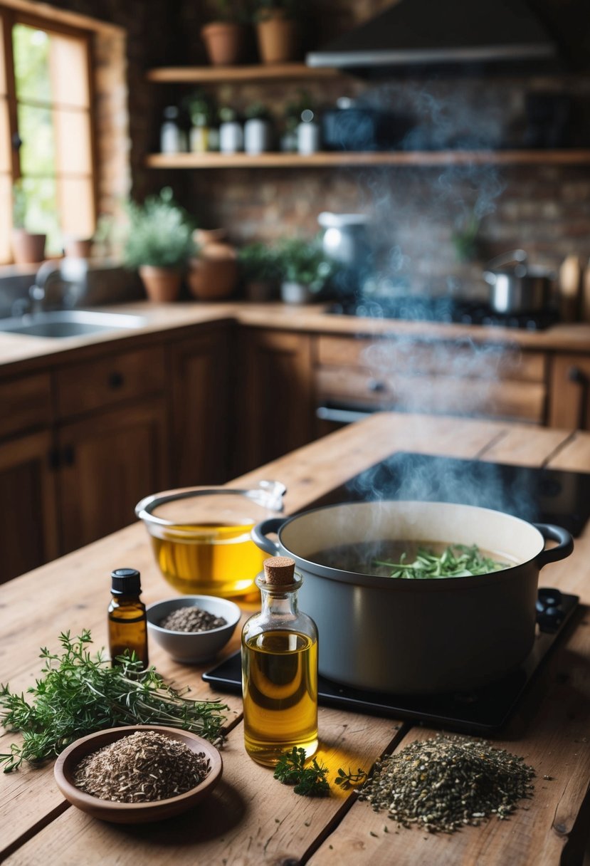 A rustic kitchen with ingredients like soapwort, oils, and herbs laid out on a wooden table. A large pot simmers on the stove, filling the room with a sweet, herbal scent