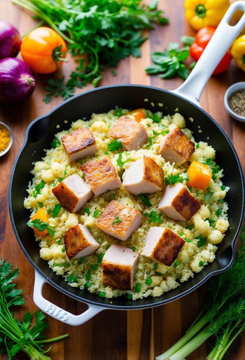 A sizzling skillet with chunks of pork and cauliflower rice, surrounded by colorful vegetables and aromatic herbs