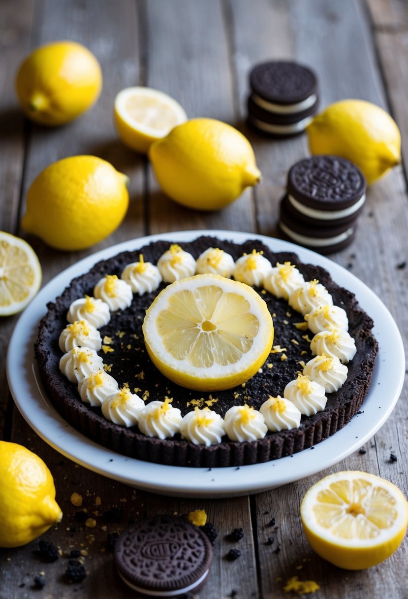 A lemon oreo pie sits on a rustic wooden table, surrounded by fresh lemons and a scattering of crushed oreo crumbs