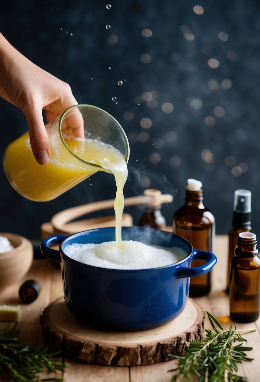 A bubbling pot of soapwort facial cleanser being mixed with essential oils and poured into glass bottles