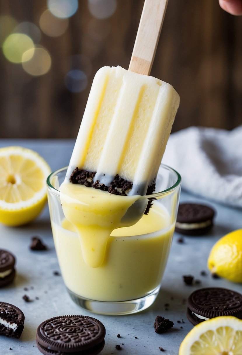 A refreshing lemon Oreo popsicle being dipped into a zesty lemon glaze, with crushed lemon Oreos scattered around