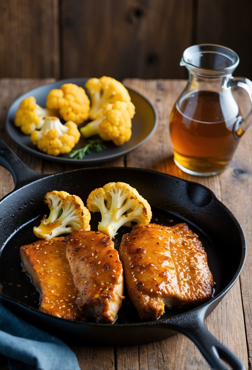 A sizzling skillet with honey soy glazed pork and golden roasted cauliflower on a rustic wooden table