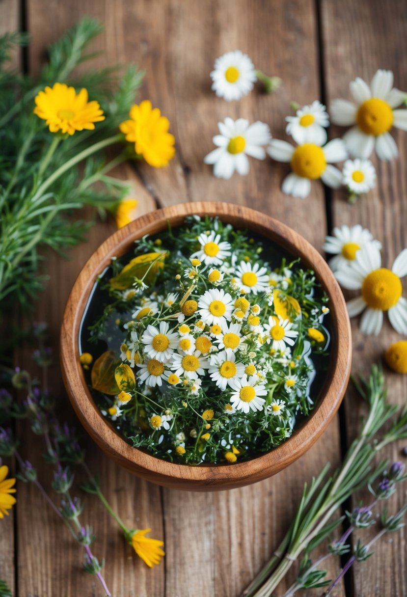 A wooden bowl filled with soapwort and chamomile bath soak, surrounded by fresh flowers and herbs