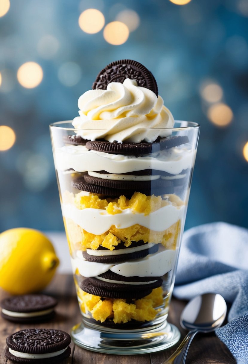 A glass parfait dish filled with layers of crushed lemon Oreo cookies, creamy lemon filling, and topped with a dollop of whipped cream