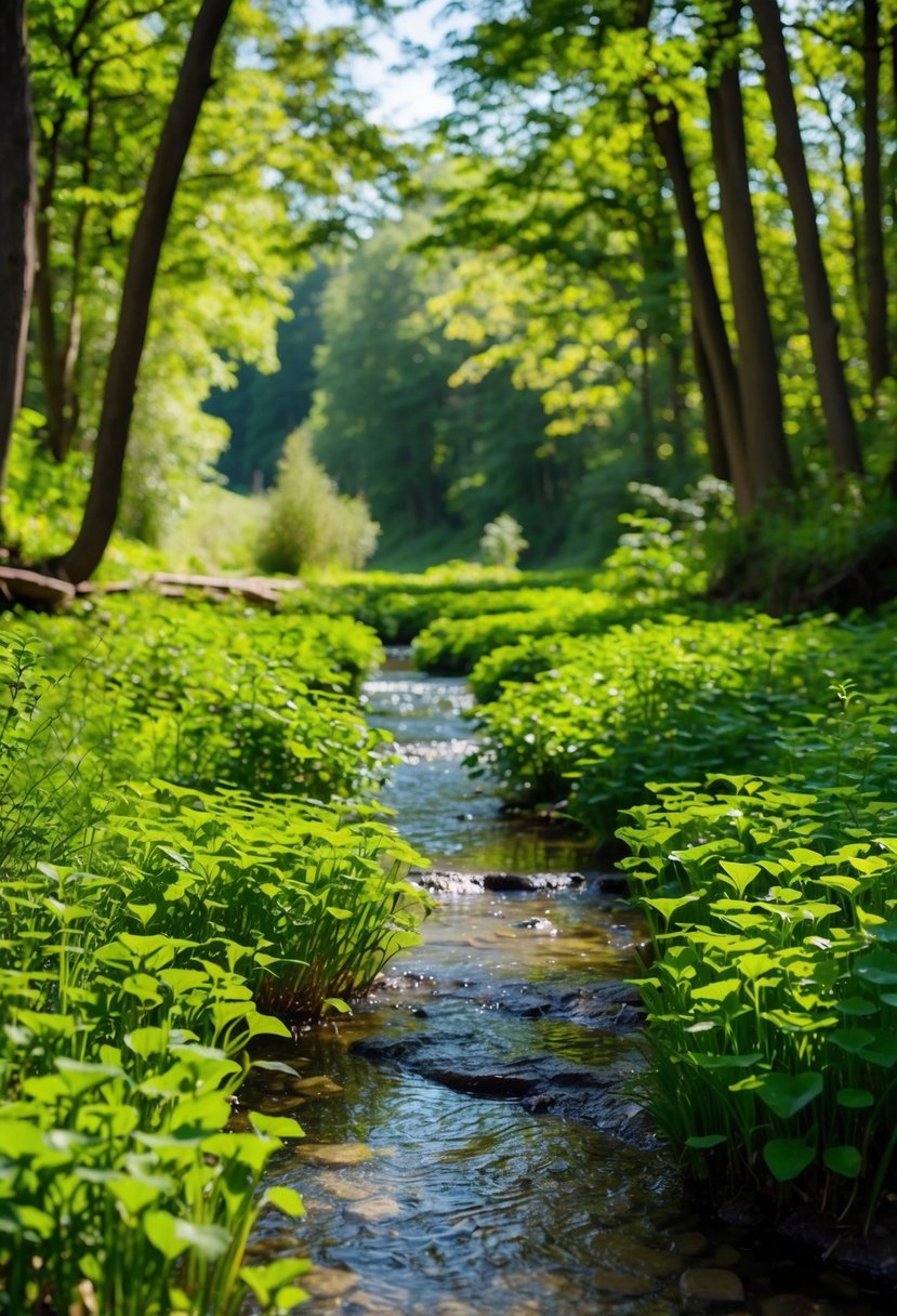 A clear stream flows through a lush forest, where soapwort plants grow abundantly along the banks. The sunlight filters through the trees, casting a warm glow on the scene