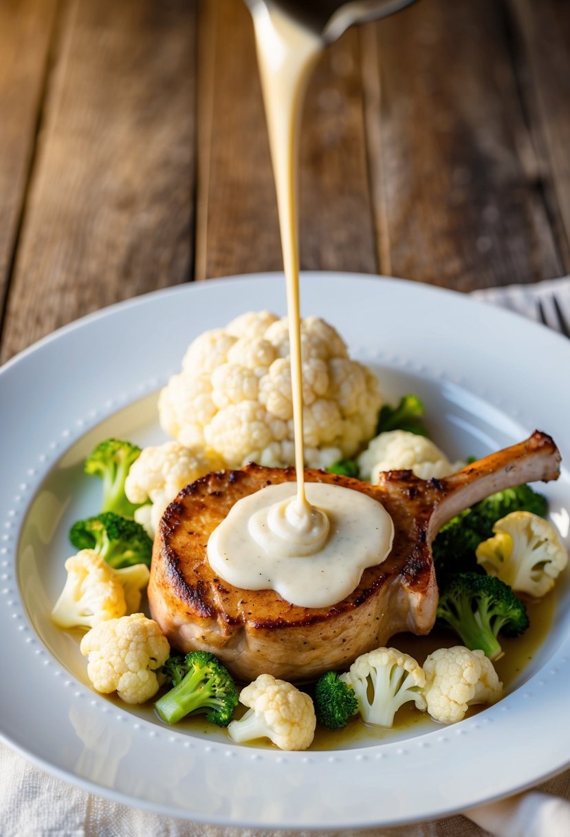 A sizzling pork chop surrounded by steamed cauliflower on a white plate, with a creamy sauce drizzled over the top