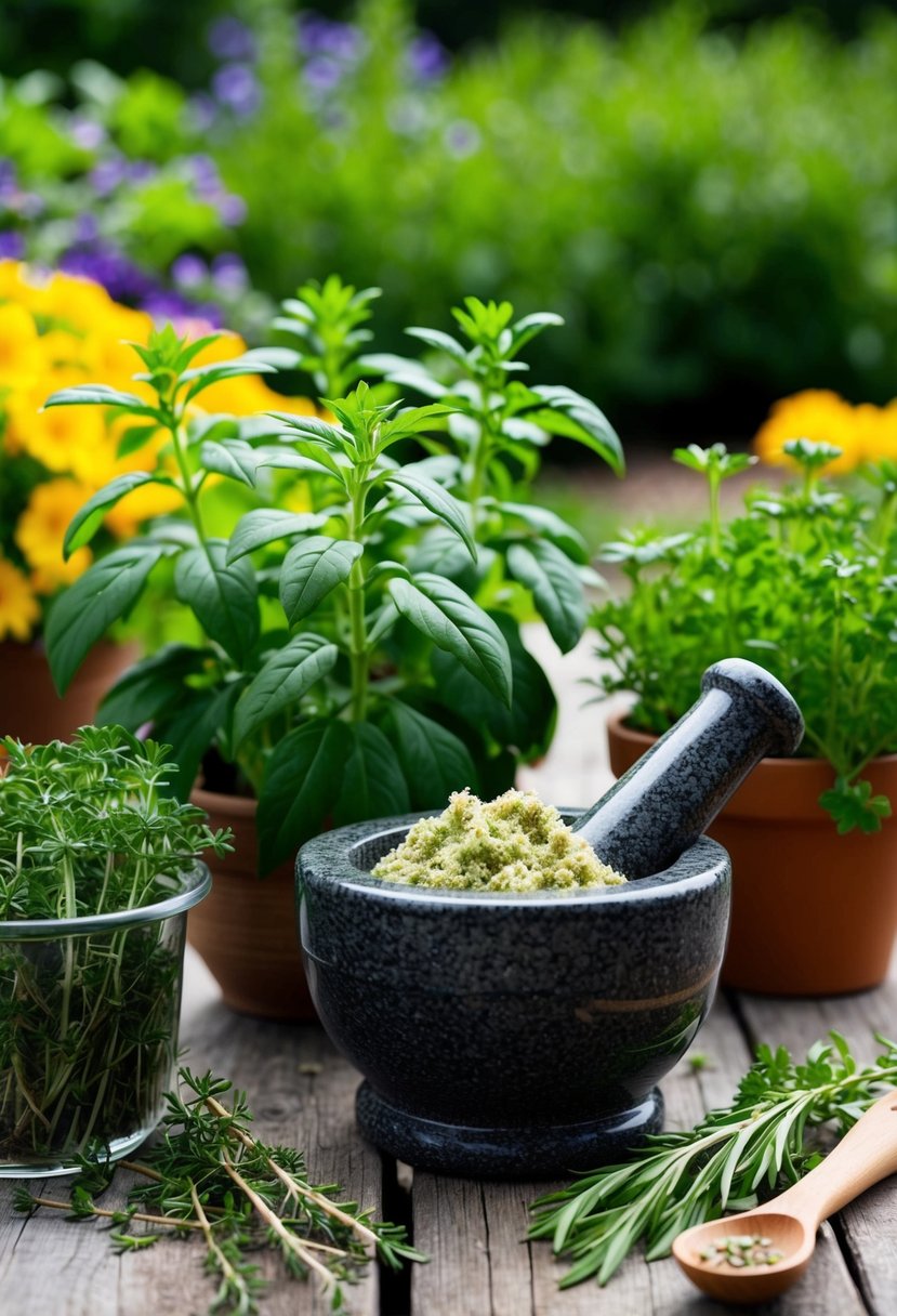 A garden scene with soapwort plants, fresh herbs, and a mortar and pestle for making soapwort scrub