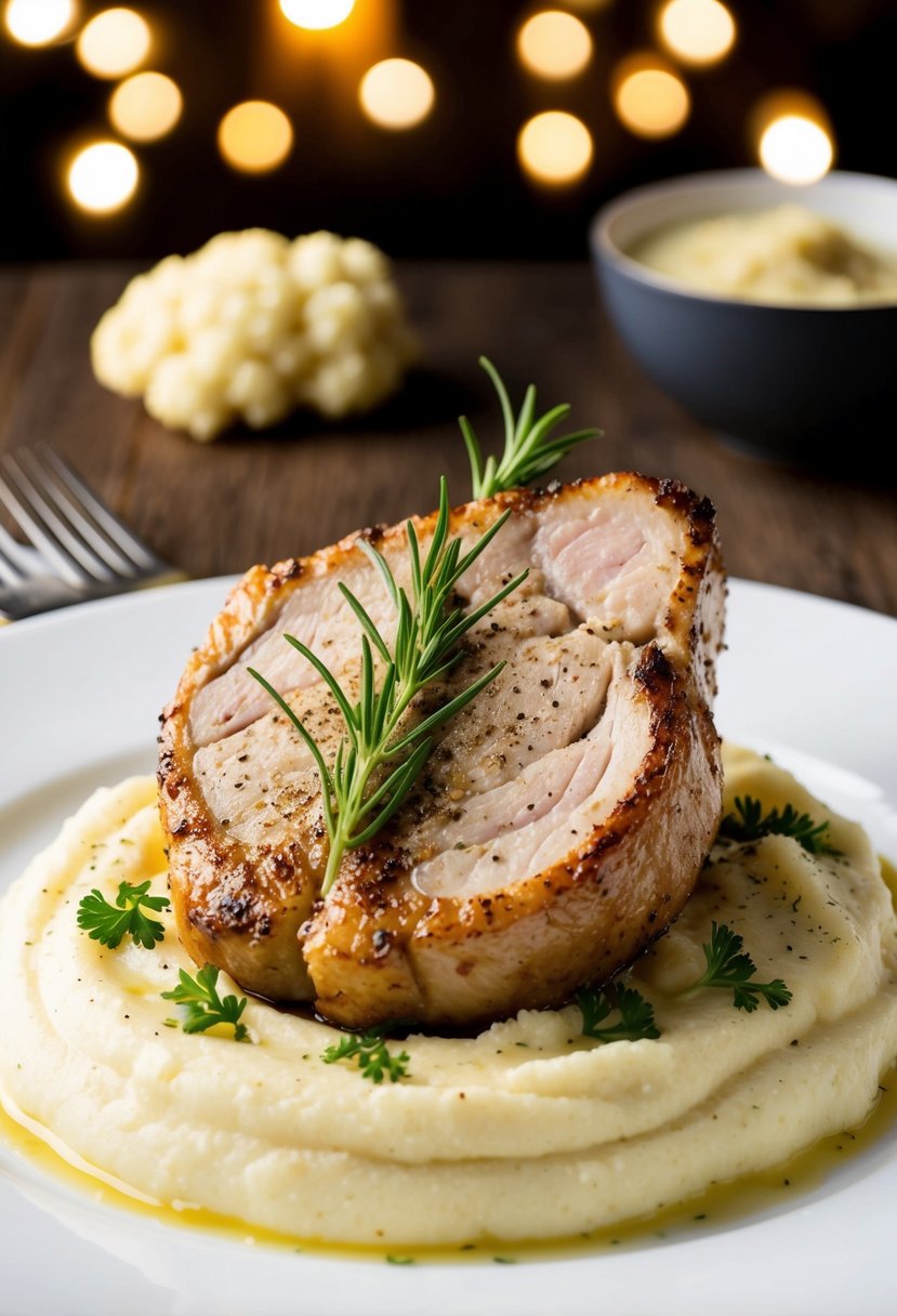 A sizzling pork tenderloin rests on a bed of creamy cauliflower puree, garnished with fresh herbs and cracked black pepper