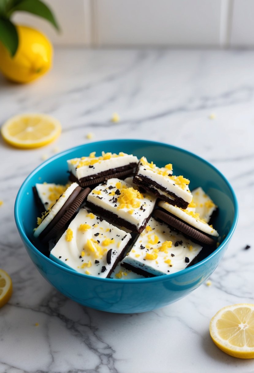 A bowl of lemon yogurt bark sprinkled with crushed lemon Oreo cookies on a marble countertop