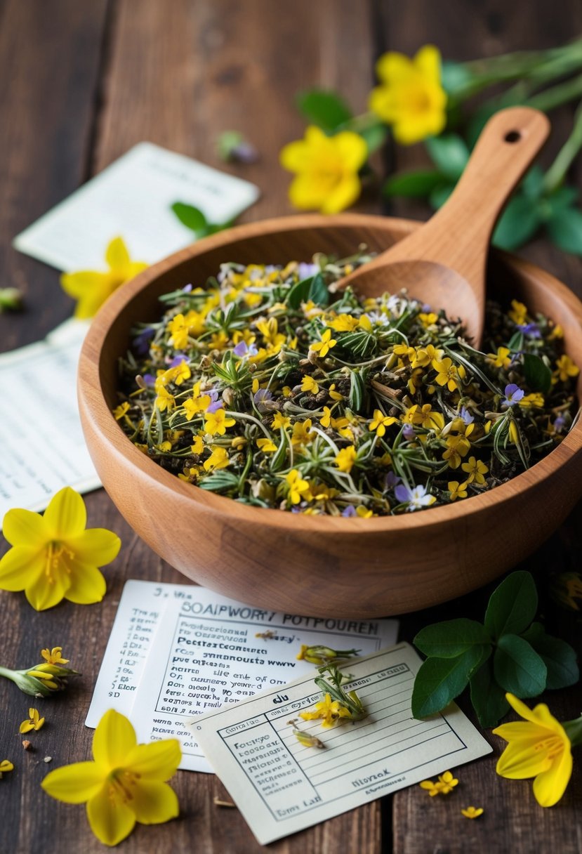 A wooden bowl overflowing with fragrant Soapwort Potpourri, surrounded by scattered recipe cards and fresh Soapwort flowers