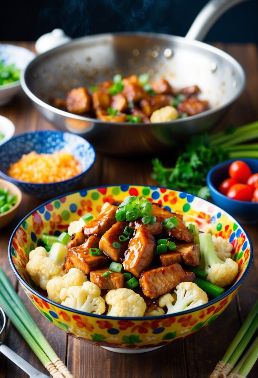 A sizzling teriyaki pork and cauliflower stir-fry in a colorful bowl on a wooden table, surrounded by fresh ingredients and cooking utensils