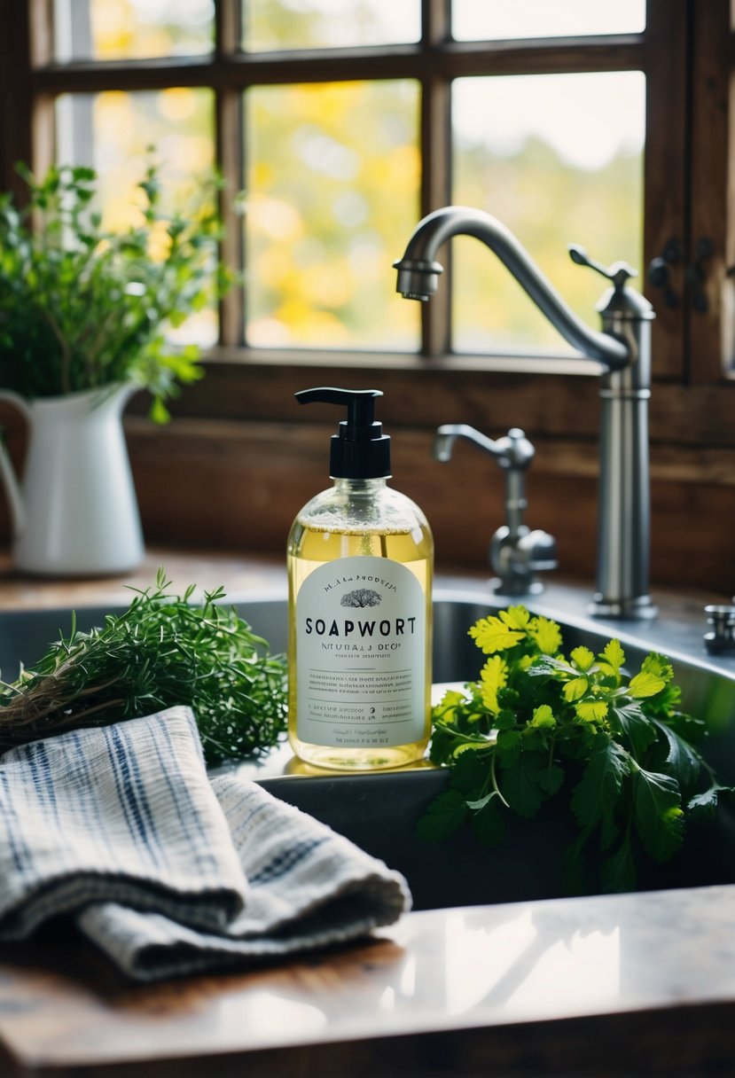 A rustic kitchen sink with a bottle of Soapwort Natural Dish Soap, surrounded by fresh herbs and a vintage dish towel