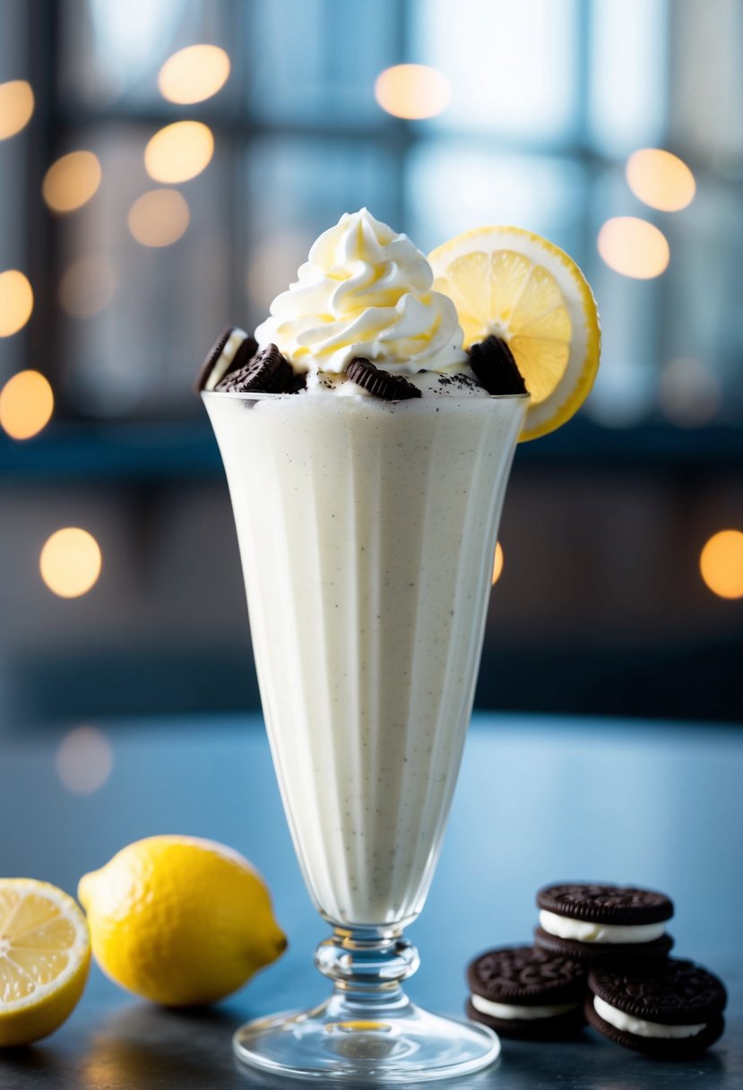 A tall glass filled with a creamy lemon Oreo milkshake topped with crushed lemon Oreos and a dollop of whipped cream