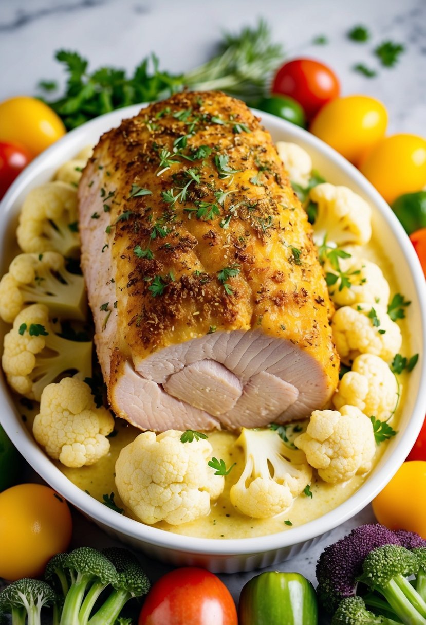 A golden-brown herb-crusted pork loin sits atop a creamy cauliflower gratin, sprinkled with fresh herbs and surrounded by colorful vegetables