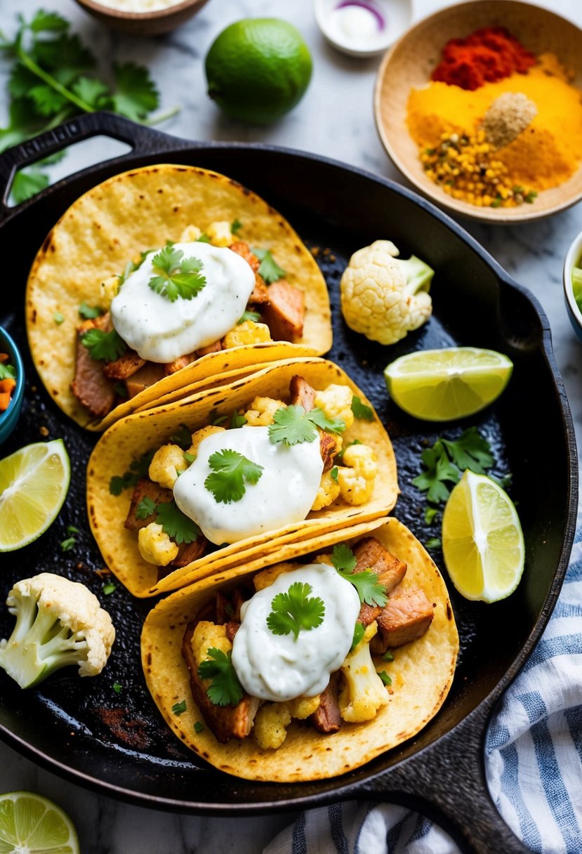 A sizzling skillet of pork and cauliflower tacos topped with lime crema, surrounded by colorful ingredients and spices