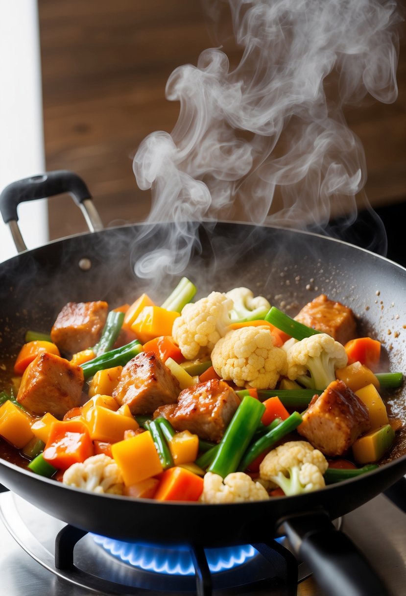 A sizzling wok cooks chunks of pork, cauliflower, and colorful vegetables in a tangy sweet and sour sauce. The steam rises as the dish comes together