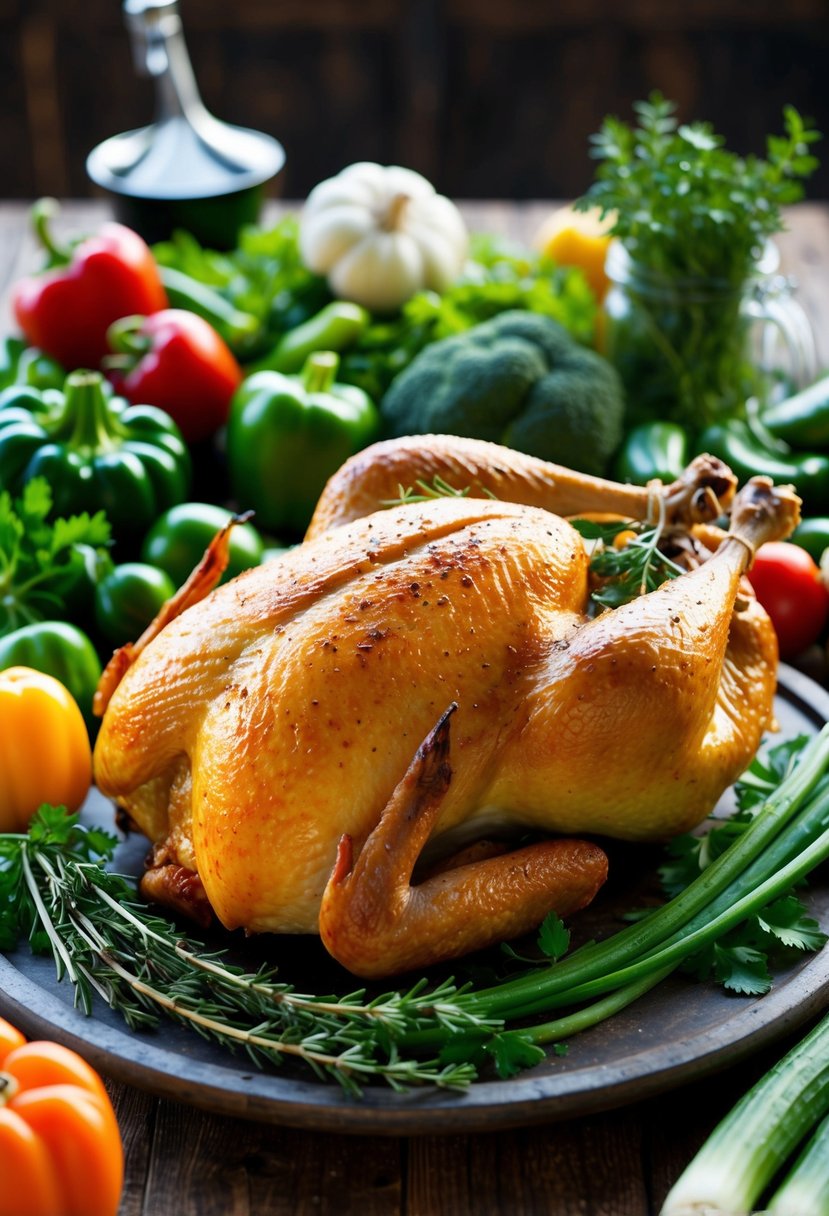 A colorful array of fresh vegetables and herbs surrounding a plump, golden-brown roasted chicken, set on a rustic wooden table