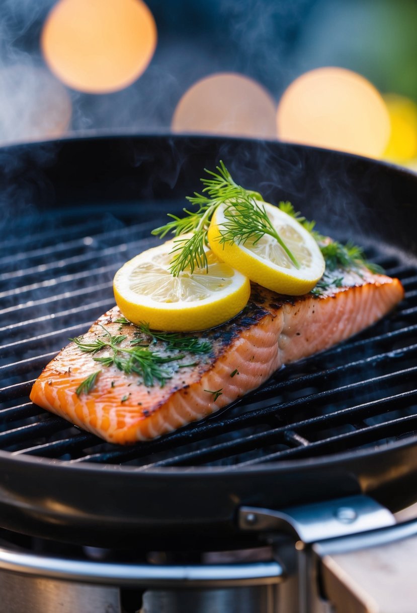 A sizzling salmon fillet topped with lemon slices and dill on a hot grill