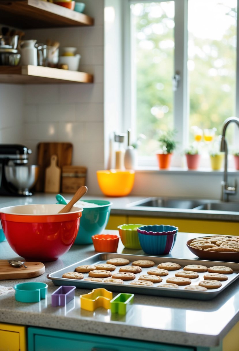 A colorful kitchen counter with assorted baking ingredients and utensils, including a mixing bowl, cookie cutters, and a tray of freshly baked cookies