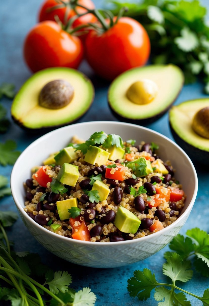 A vibrant bowl of black bean and quinoa salad, surrounded by fresh ingredients like tomatoes, avocado, and cilantro