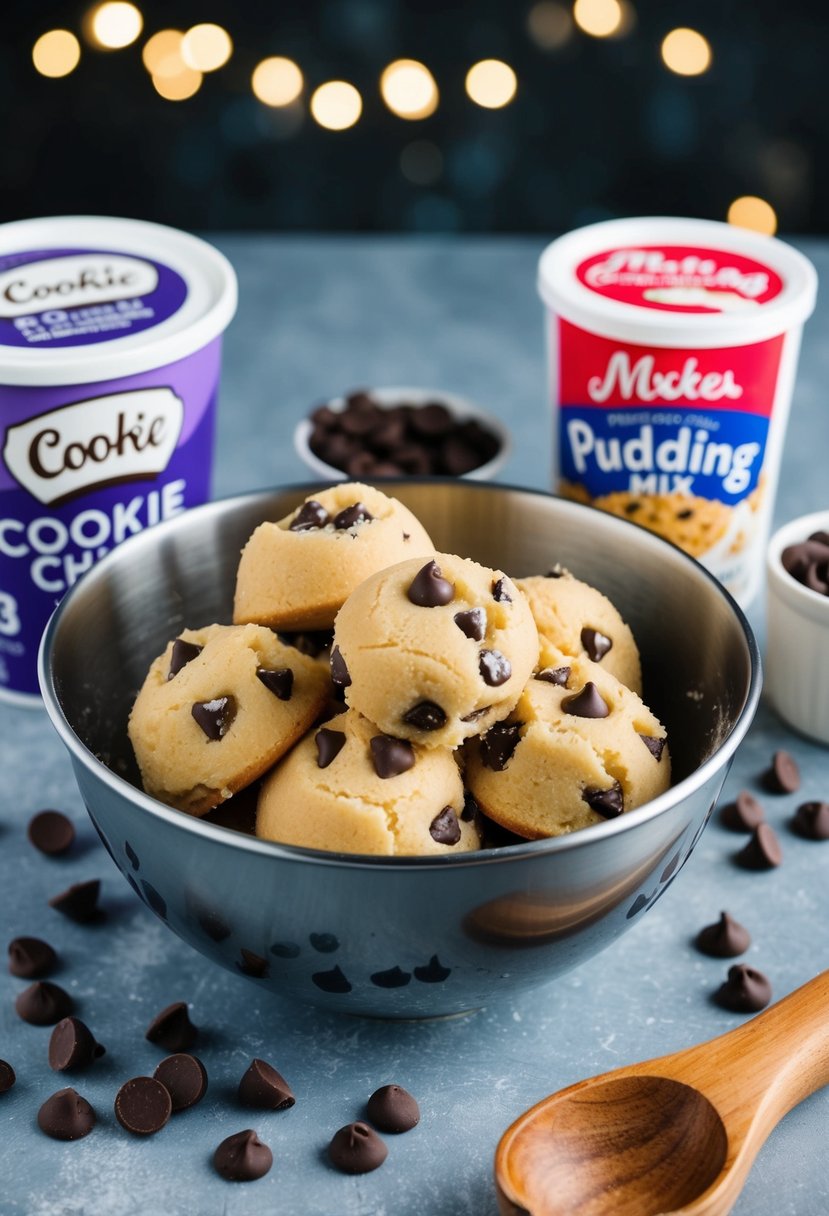 A mixing bowl filled with cookie dough, surrounded by chocolate chips and a tub of pudding mix